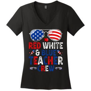 4th Of July Red White & Blue Teacher Crew American Flag Women's V-Neck T-Shirt