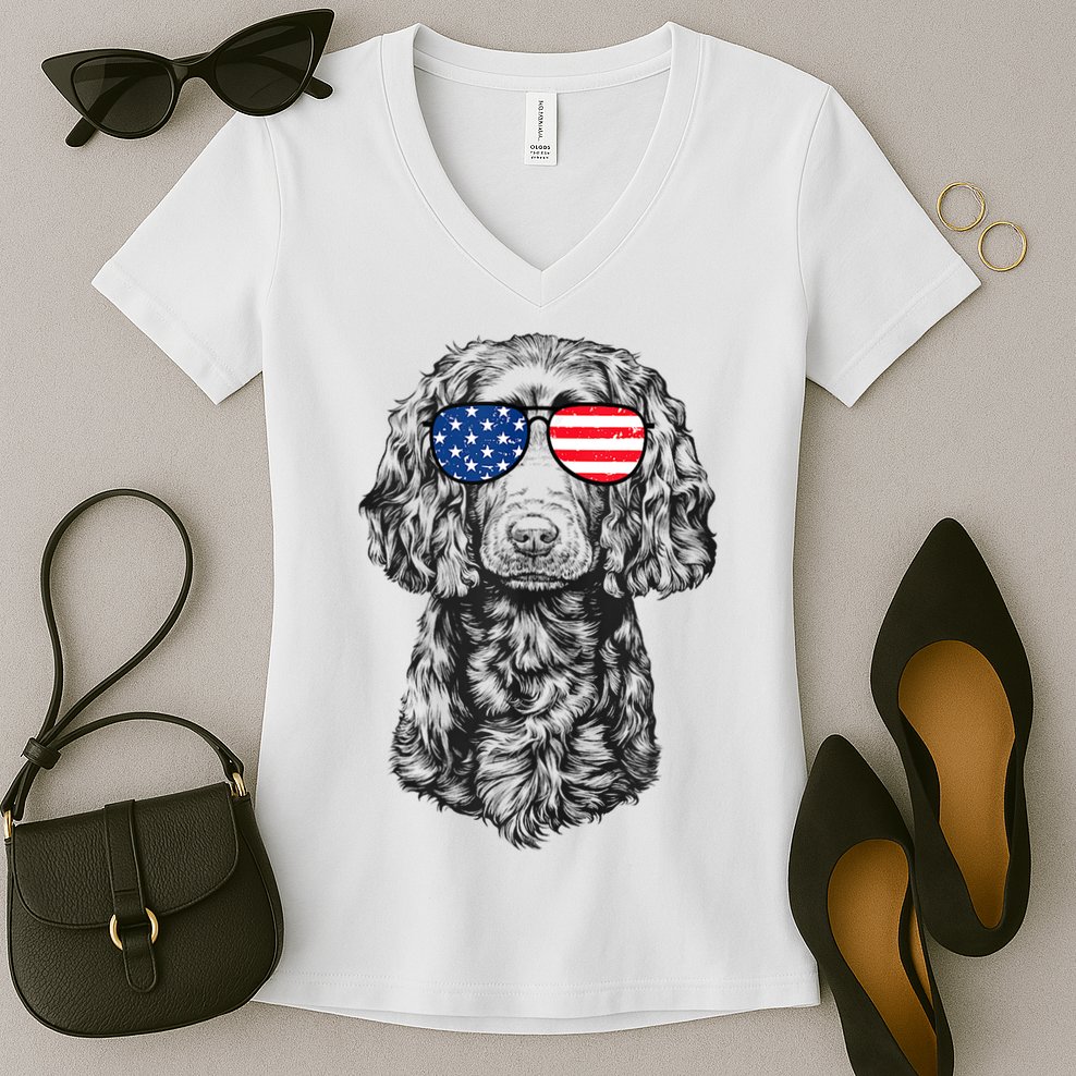 4th Of July Boykin Spaniel Dog Patriotic USA Sunglasses Women's V-Neck T-Shirt