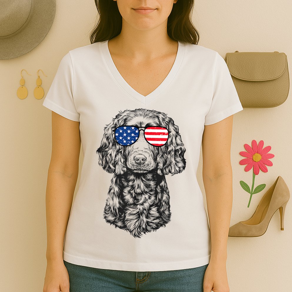 4th Of July Boykin Spaniel Dog Patriotic USA Sunglasses Women's V-Neck T-Shirt