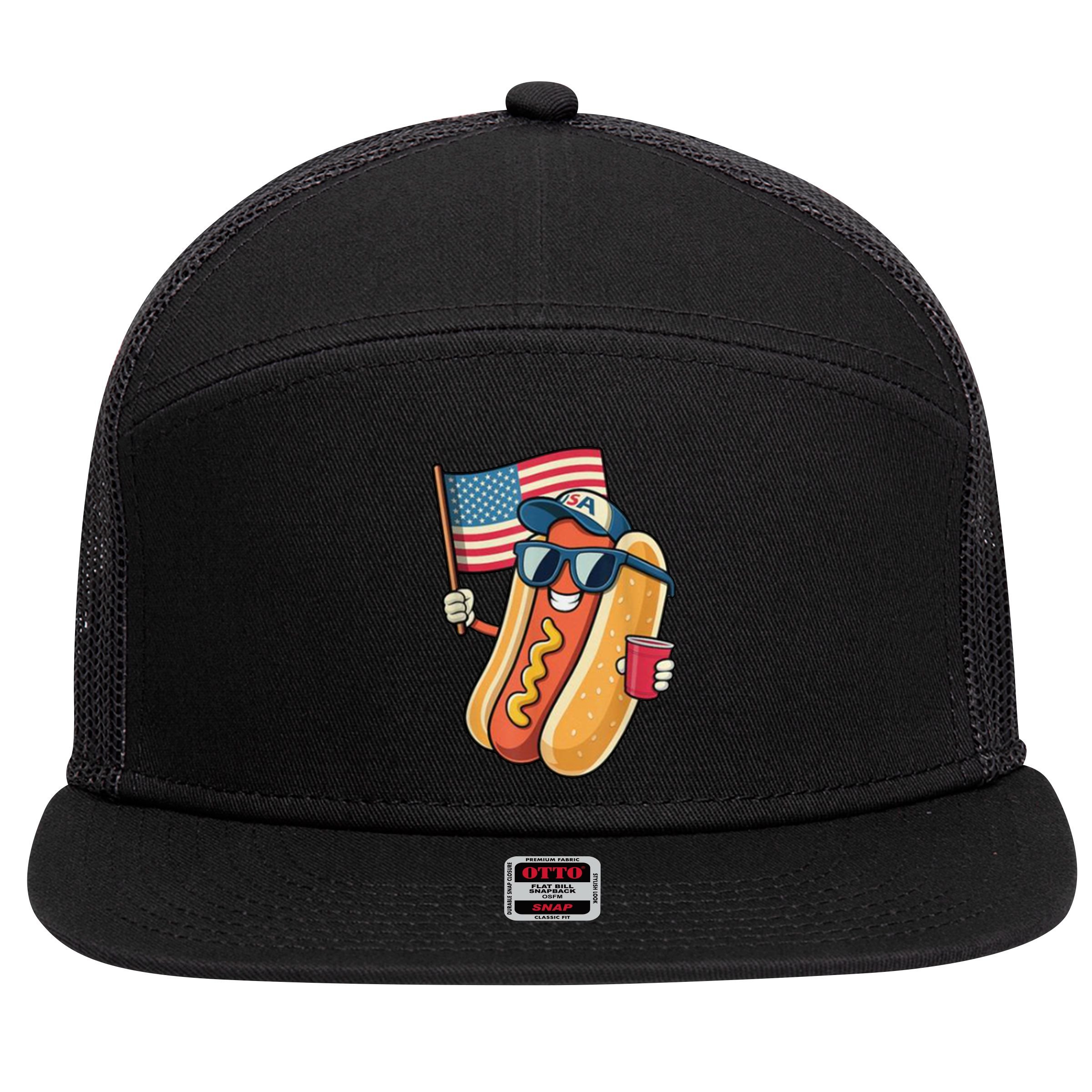 4th Of July Hotdog Funny Patriotic Usa 7 Panel Mesh Trucker Snapback Hat
