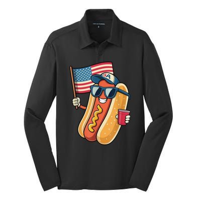 4th Of July Hotdog Funny Patriotic Usa Silk Touch Performance Long Sleeve Polo