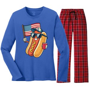 4th Of July Hotdog Funny Patriotic Usa Women's Long Sleeve Flannel Pajama Set 