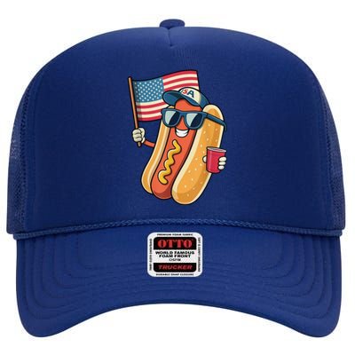 4th Of July Hotdog Funny Patriotic Usa High Crown Mesh Back Trucker Hat