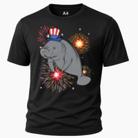 4th Of July Manatee Marine Biologist Patriotic Fireworks Cooling Performance Crew T-Shirt