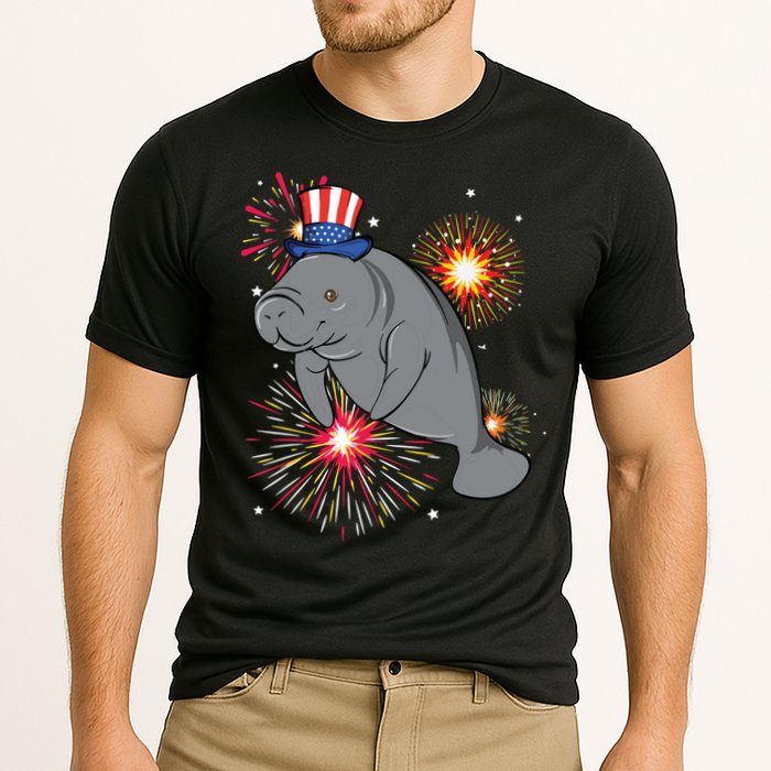 4th Of July Manatee Marine Biologist Patriotic Fireworks Cooling Performance Crew T-Shirt