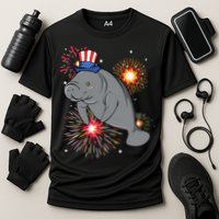 4th Of July Manatee Marine Biologist Patriotic Fireworks Cooling Performance Crew T-Shirt