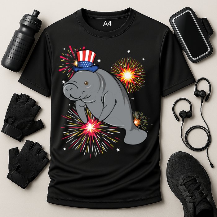 4th Of July Manatee Marine Biologist Patriotic Fireworks Cooling Performance Crew T-Shirt
