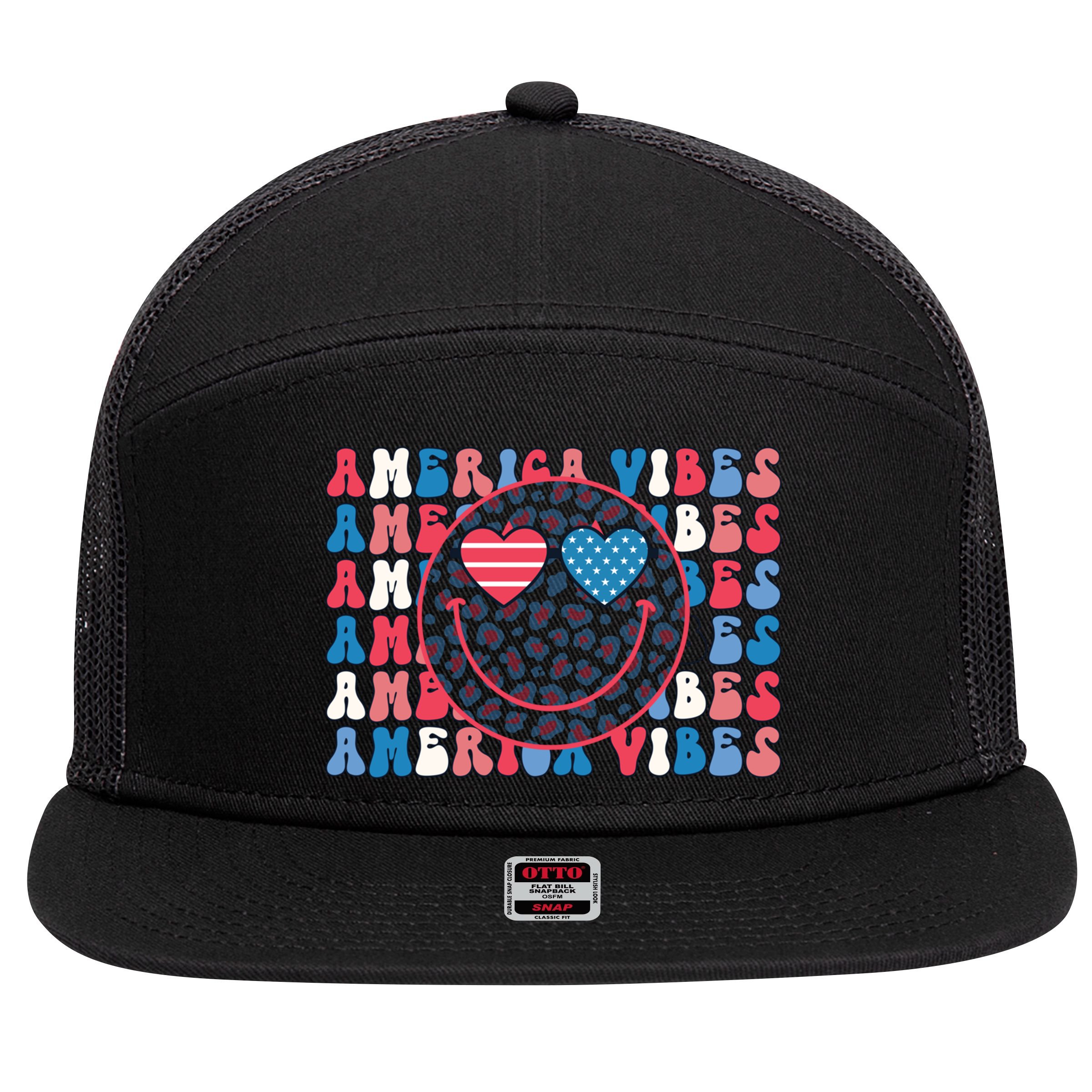 4th Of July America Vibes Happy Smile Patriotic Meaningful Gift 7 Panel Mesh Trucker Snapback Hat