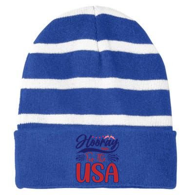 4th Of July Hooray For The Usa Patriotic Gift Striped Beanie with Solid Band