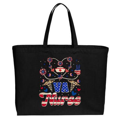 4th of July Va Nurse American Flag Sunflower Stethoscope Cotton Canvas Jumbo Tote