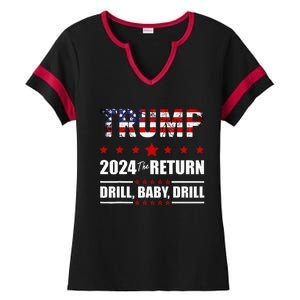 4th Of July Trump 2024 Drill Baby Drill Us Flag Republican Ladies Halftime Notch Neck Tee