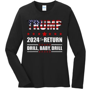 4th Of July Trump 2024 Drill Baby Drill Us Flag Republican Ladies Long Sleeve Shirt