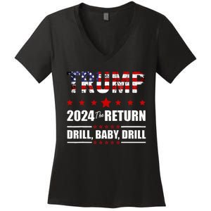 4th Of July Trump 2024 Drill Baby Drill Us Flag Republican Women's V-Neck T-Shirt