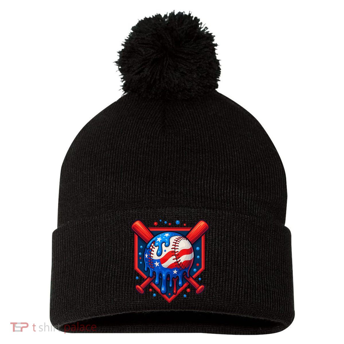 4th Of July Baseball  - USA Flag Ice Cream Drip  - Patriotic Summer Gift Pom Pom 12in Knit Beanie