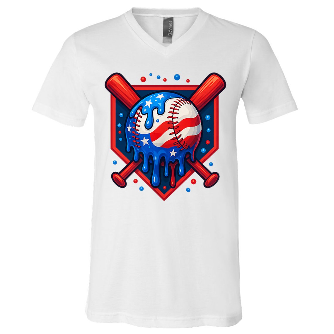 4th Of July Baseball  - USA Flag Ice Cream Drip  - Patriotic Summer Gift V-Neck T-Shirt