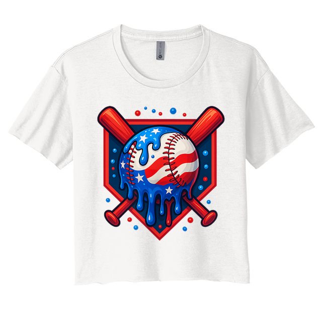 4th Of July Baseball  - USA Flag Ice Cream Drip  - Patriotic Summer Gift Crop Top