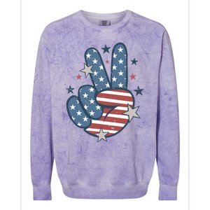 4Th Of July Peace Sign Hand American Flag Patriotic Usa Cute Gift Colorblast Crewneck Sweatshirt