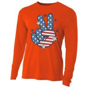 4Th Of July Peace Sign Hand American Flag Patriotic Usa Cute Gift Cooling Performance Long Sleeve Crew