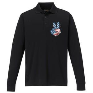 4Th Of July Peace Sign Hand American Flag Patriotic Usa Cute Gift Performance Long Sleeve Polo