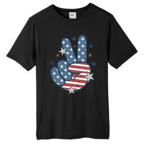 4Th Of July Peace Sign Hand American Flag Patriotic Usa Cute Gift Tall Fusion ChromaSoft Performance T-Shirt