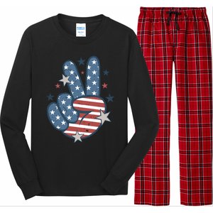 4Th Of July Peace Sign Hand American Flag Patriotic Usa Cute Gift Long Sleeve Pajama Set