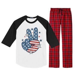 4Th Of July Peace Sign Hand American Flag Patriotic Usa Cute Gift Raglan Sleeve Pajama Set