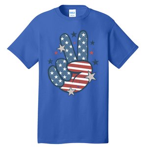 4Th Of July Peace Sign Hand American Flag Patriotic Usa Cute Gift Tall T-Shirt