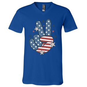 4Th Of July Peace Sign Hand American Flag Patriotic Usa Cute Gift V-Neck T-Shirt