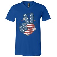 4Th Of July Peace Sign Hand American Flag Patriotic Usa Cute Gift V-Neck T-Shirt