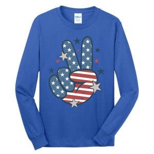 4Th Of July Peace Sign Hand American Flag Patriotic Usa Cute Gift Tall Long Sleeve T-Shirt