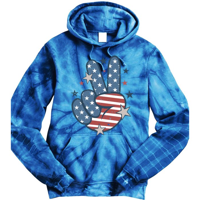 4Th Of July Peace Sign Hand American Flag Patriotic Usa Cute Gift Tie Dye Hoodie