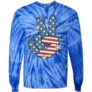 4Th Of July Peace Sign Hand American Flag Patriotic Usa Cute Gift Tie-Dye Long Sleeve Shirt