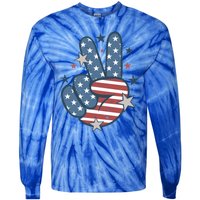 4Th Of July Peace Sign Hand American Flag Patriotic Usa Cute Gift Tie-Dye Long Sleeve Shirt