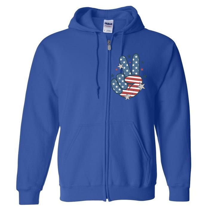 4Th Of July Peace Sign Hand American Flag Patriotic Usa Cute Gift Full Zip Hoodie