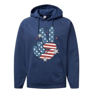 4Th Of July Peace Sign Hand American Flag Patriotic Usa Cute Gift Performance Fleece Hoodie