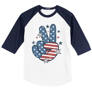 4Th Of July Peace Sign Hand American Flag Patriotic Usa Cute Gift Baseball Sleeve Shirt