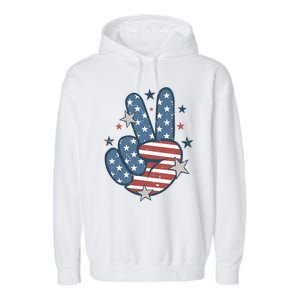 4Th Of July Peace Sign Hand American Flag Patriotic Usa Cute Gift Garment-Dyed Fleece Hoodie