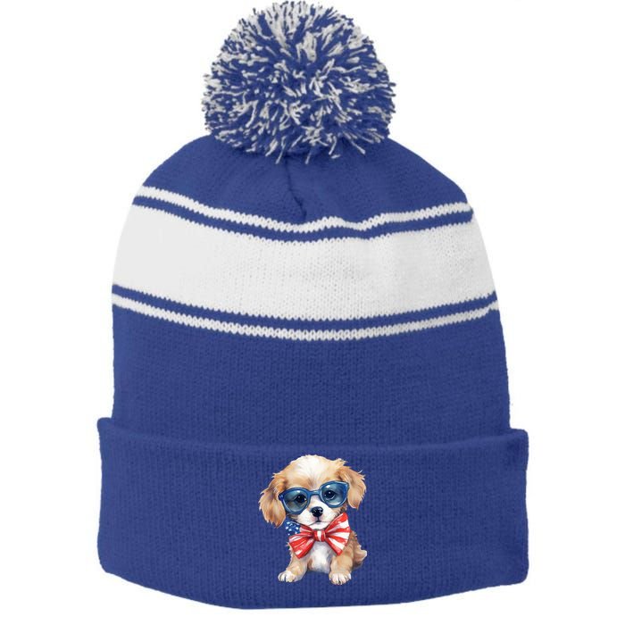 4th Of July Cute Dog Lover Stripe Pom Pom Beanie