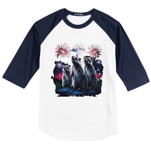 4th Of July Raccoons Watching Fireworks Howling Funny Baseball Sleeve Shirt