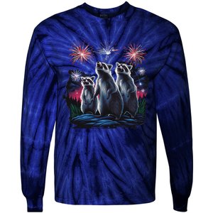 4th Of July Raccoons Watching Fireworks Howling Funny Tie-Dye Long Sleeve Shirt