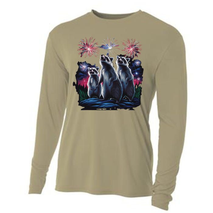 4th Of July Raccoons Watching Fireworks Howling Funny Cooling Performance Long Sleeve Crew