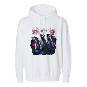 4th Of July Raccoons Watching Fireworks Howling Funny Garment-Dyed Fleece Hoodie