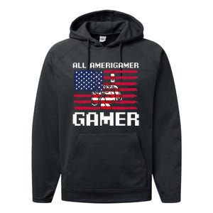 4th Of July All American Gamer Flag Merica Performance Fleece Hoodie