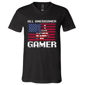 4th Of July All American Gamer Flag Merica V-Neck T-Shirt