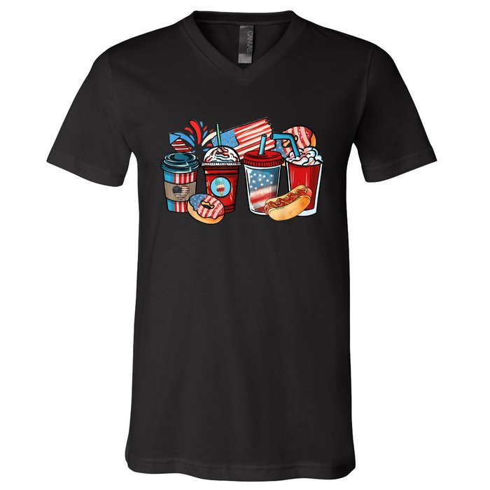 4th Of July Coffee Lover USA Women Patriotic Red And Blue V-Neck T-Shirt