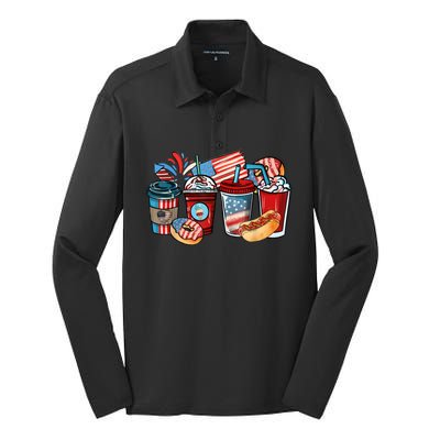 4th Of July Coffee Lover USA Women Patriotic Red And Blue Silk Touch Performance Long Sleeve Polo