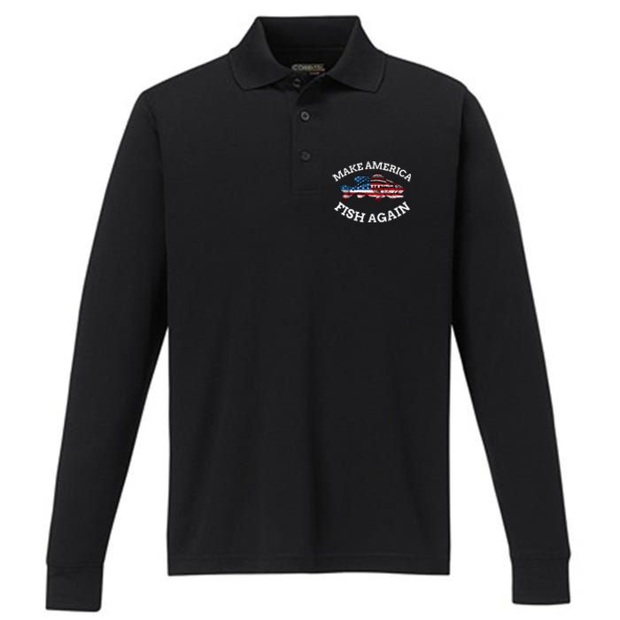 4th of July Fishing American Flag Make America Fish Again Performance Long Sleeve Polo