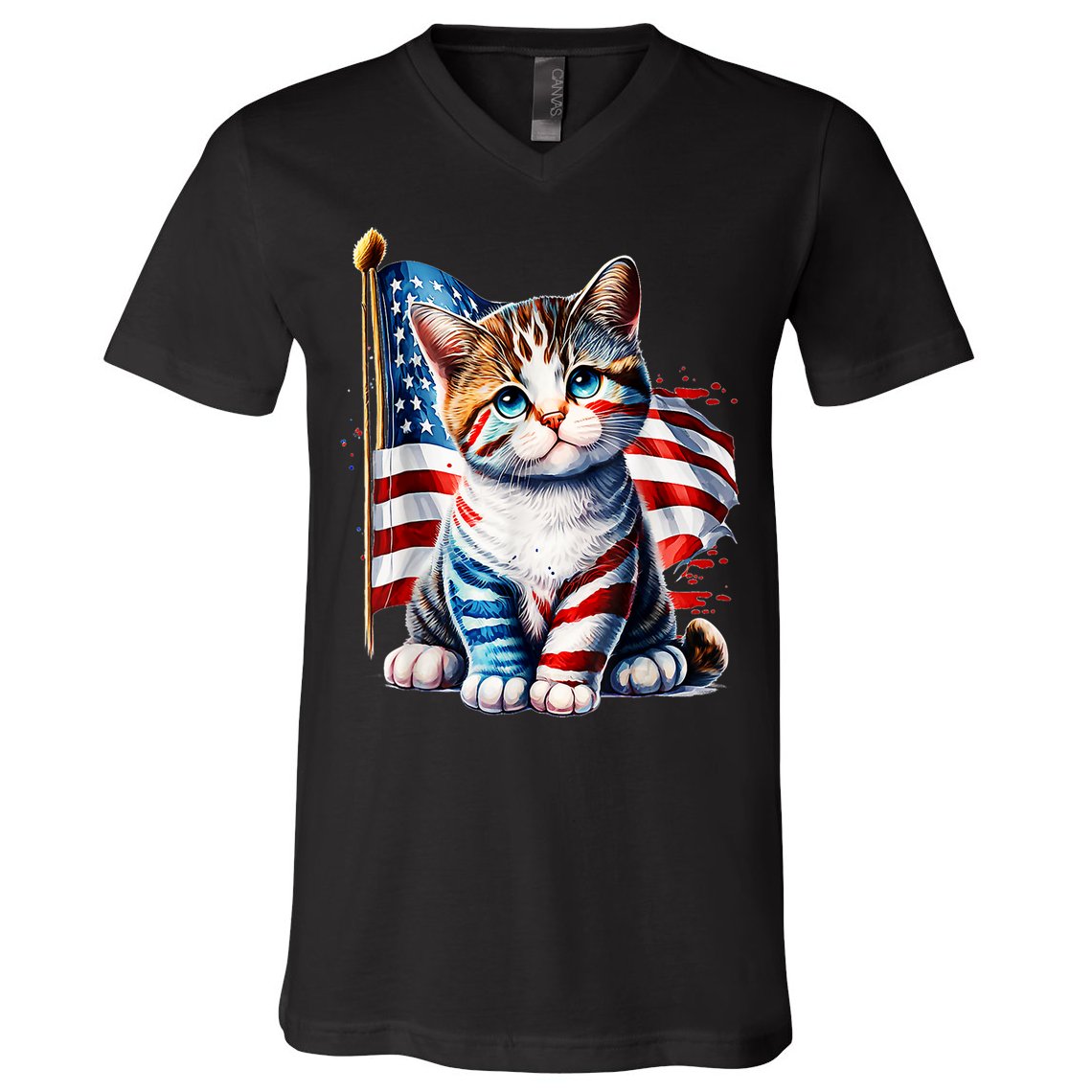 4th Of July Cat Mom American Flag Cat Lover Gift V-Neck T-Shirt