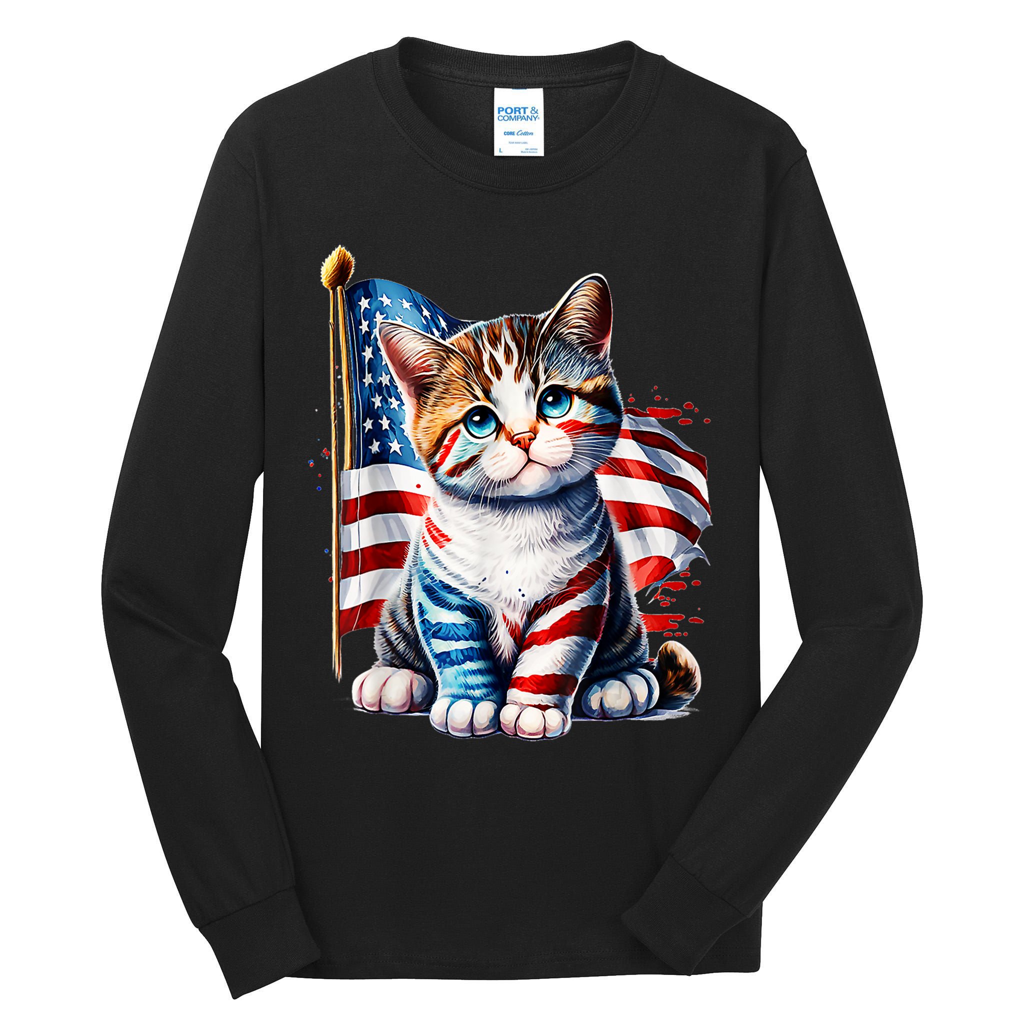 4th Of July Cat Mom American Flag Cat Lover Gift Tall Long Sleeve T-Shirt
