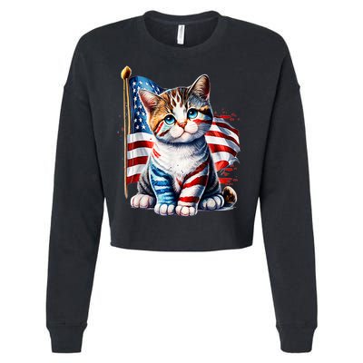 4th Of July Cat Mom American Flag Cat Lover Gift Cropped Pullover Crew
